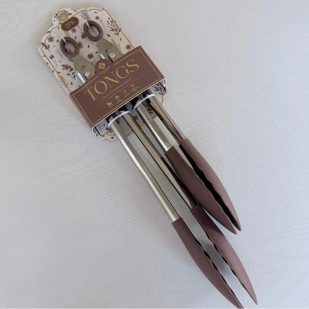 Brown and Silver Gourmet Superior Quality Kitchen Tongs Set of 2